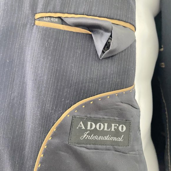 Adolfo International Men 100% Wool Blue Pinstriped Blazer Jacket Size 46R 40W - Picture 10 of 13